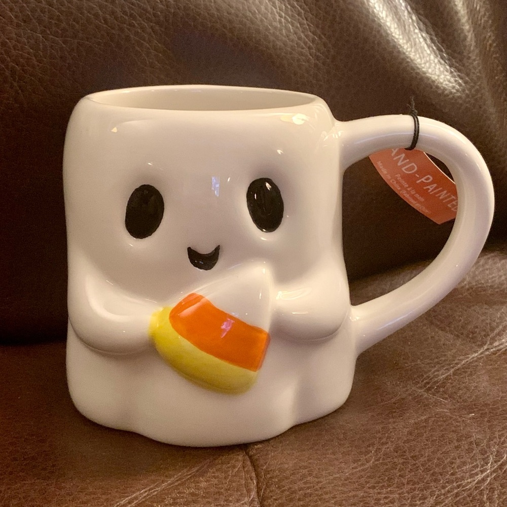 Ghost Holding Candy Corn Hand Painted Ceramic Halloween Mug